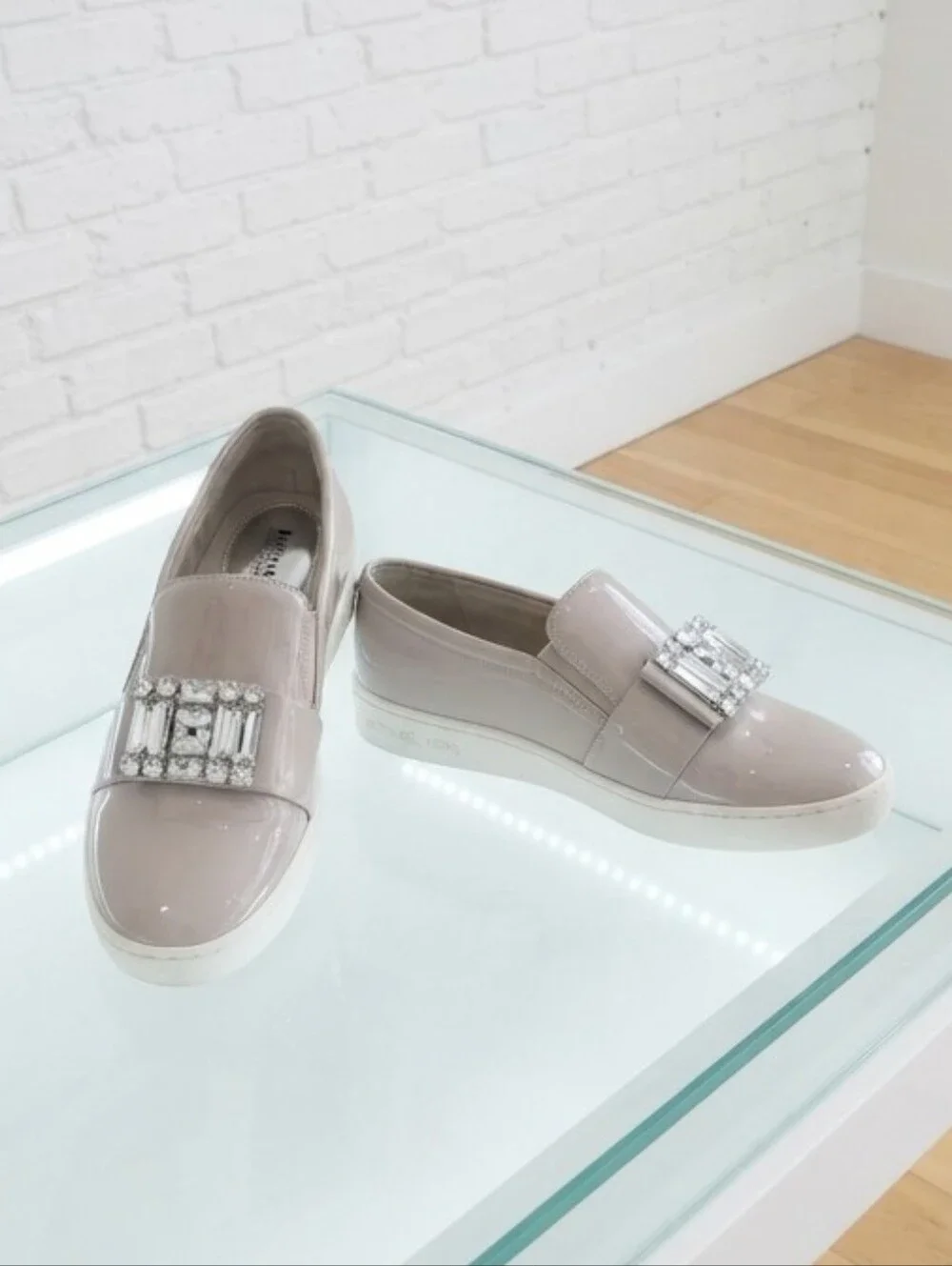 Michael Kors Nude Patent Slip-On Sneakers with Crystal Buckle